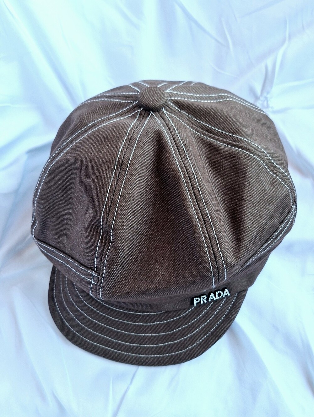 PRADA BROWN BERET HAT with CRYSTAL LETTER LOGO - Picture 8 of 12